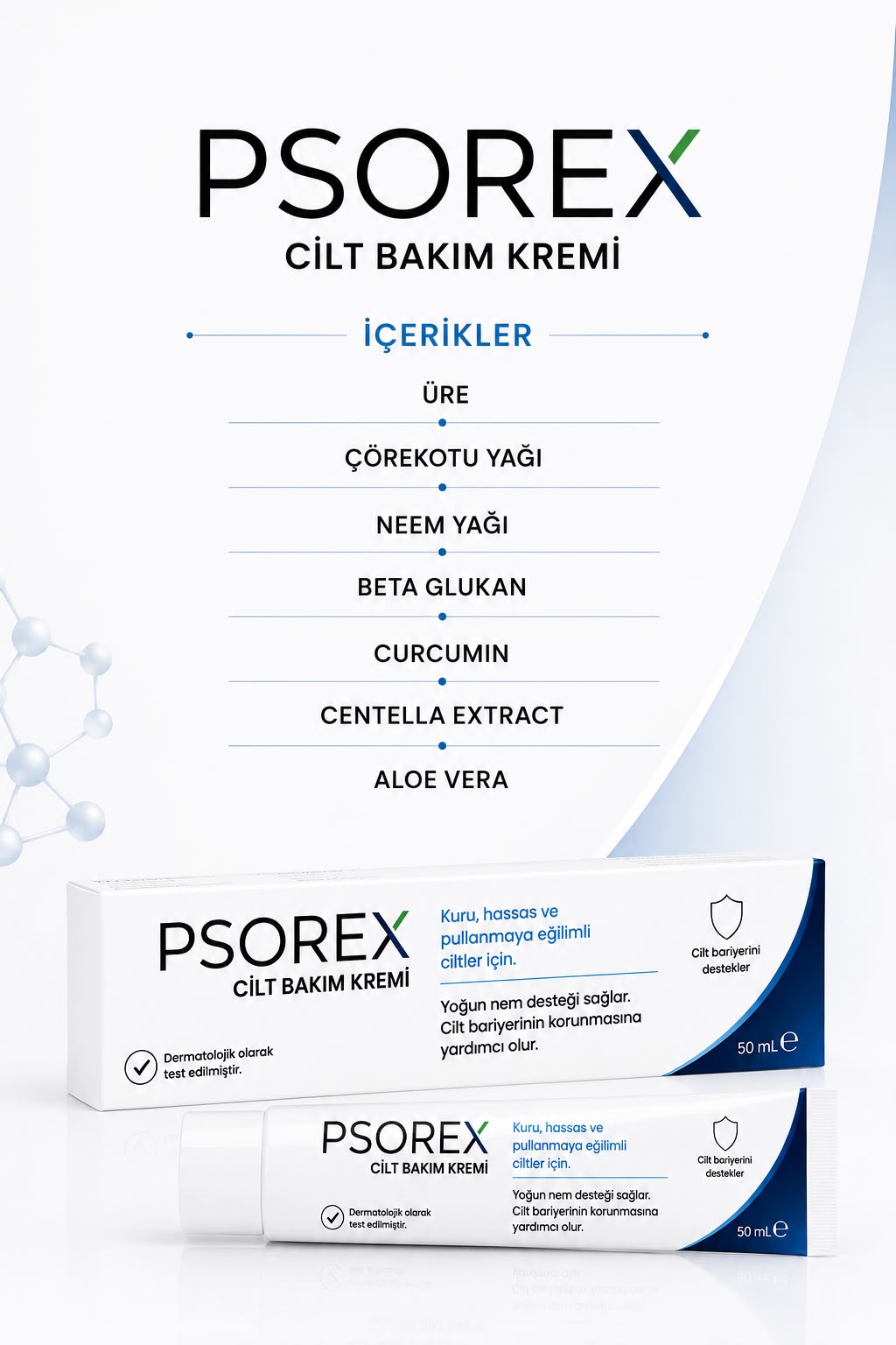 PSOREX kremi — içerik listesi: üre, çörekotu yağı, neem yağı, beta glukan, curcumin, centella ekstresi, aloe vera