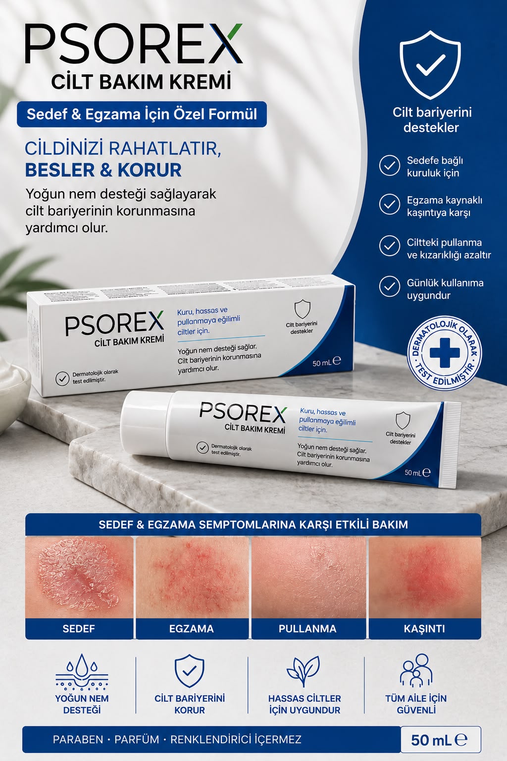 PSOREX kremi — ürün tanıtım görseli, sedef ve egzama semptomlarına karşı etkili bakım